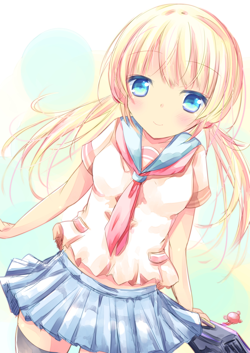 1girl bag_charm bangs black_legwear blonde_hair blue_eyes blue_sailor_collar blue_skirt blush breasts charm_(object) closed_mouth commentary_request dutch_angle eyebrows_visible_through_hair holding long_hair low_twintails medium_breasts neckerchief original pleated_skirt red_neckwear sailor_collar school_briefcase school_uniform serafuku shihou_haru shirt short_sleeves sidelocks skirt smile solo thigh-highs twintails very_long_hair white_shirt