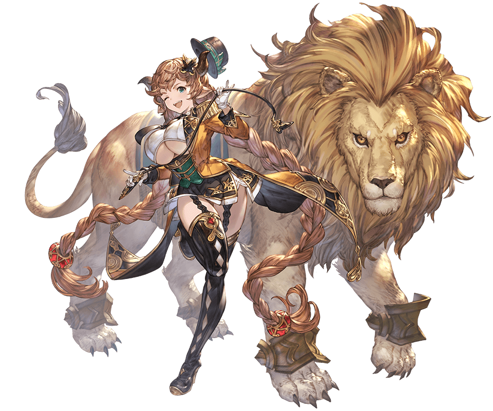 1girl animal bangs boots braid breasts carmelina_(granblue_fantasy) claws detached_sleeves draph epaulettes garter_straps gloves granblue_fantasy hair_ornament hat high_heel_boots high_heels holding holding_weapon horns large_breasts lion long_hair long_sleeves looking_at_viewer minaba_hideo miniskirt one_leg_raised open_mouth skirt smile tail thigh-highs thigh_boots under_boob very_long_hair weapon whip white_gloves