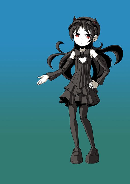 1girl adrian_ferrer black_dress black_hair bow cleavage_cutout detached_sleeves dress flat_chest frilled_dress frills full_body gradient gradient_background hairband hand_on_hip heart_cutout horns isolated_island_hime kantai_collection lolita_fashion lolita_hairband open_mouth orange_eyes pantyhose shinkaisei-kan solo white_skin