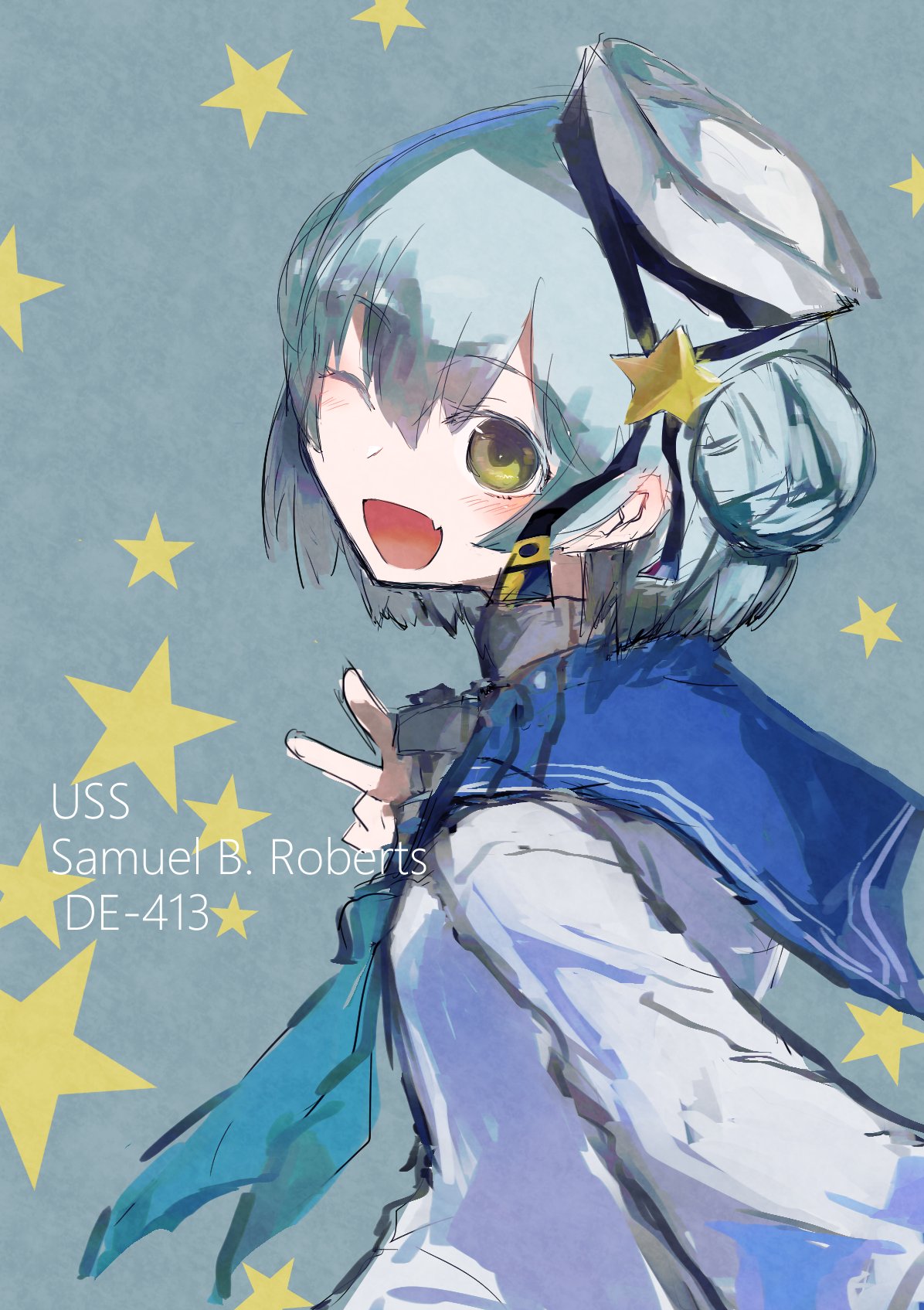 1girl ;d agtt25333 bangs blue_background blue_hair blue_neckwear blue_sailor_collar blush character_name dixie_cup_hat double_bun eyebrows eyebrows_visible_through_hair fang hair_between_eyes hat highres kantai_collection long_sleeves military_hat neckerchief one_eye_closed open_mouth sailor_collar samuel_b._roberts_(kantai_collection) school_uniform serafuku shirt short_hair smile solo star text_focus upper_body v white_hat white_shirt yellow_eyes