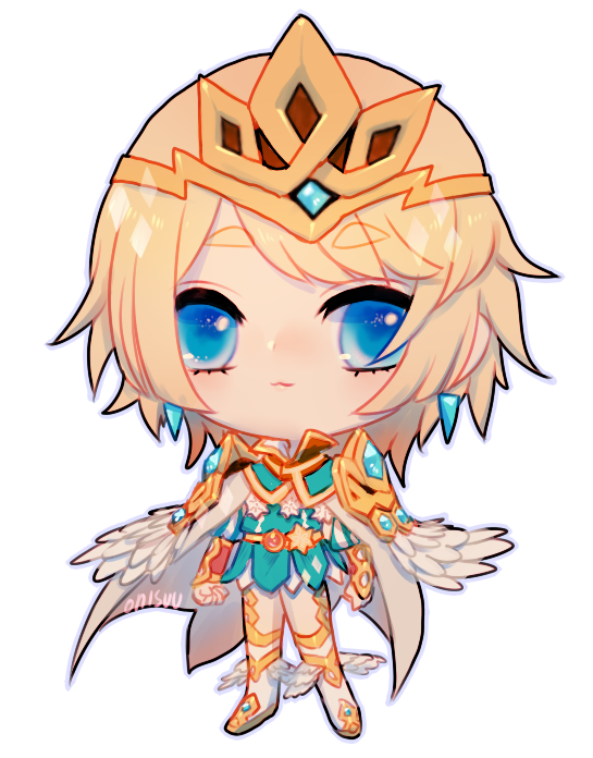 1girl blonde_hair blue_eyes blue_hair cape chibi crown dress earrings feather_trim fire_emblem fire_emblem_heroes fjorm_(fire_emblem_heroes) gradient gradient_hair jewelry looking_at_viewer multicolored_hair onisuu polearm short_hair smile solo thigh-highs transparent_background weapon