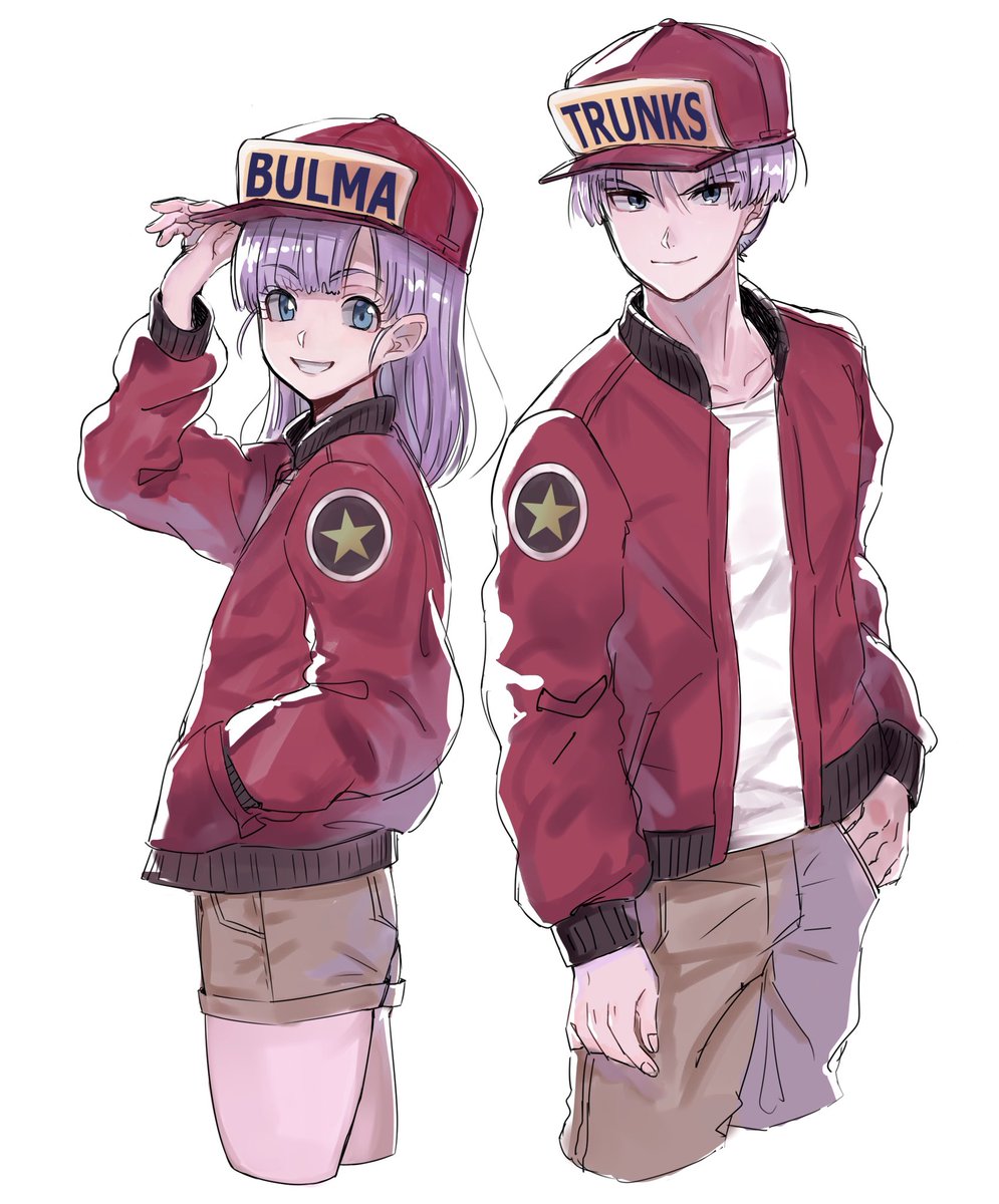 1boy 1girl :d arm_up baseball_cap blue_eyes bulma character_name commentary_request dragon_ball dragonball_z eyebrows_visible_through_hair fingernails frown hand_in_pocket happy hat height_difference highres image_sample jacket long_sleeves looking_at_viewer mother_and_son open_mouth purple_hair red_jacket shirt short_hair shorts simple_background smile standing trunks_(dragon_ball) twitter_sample upper_body white_background white_shirt