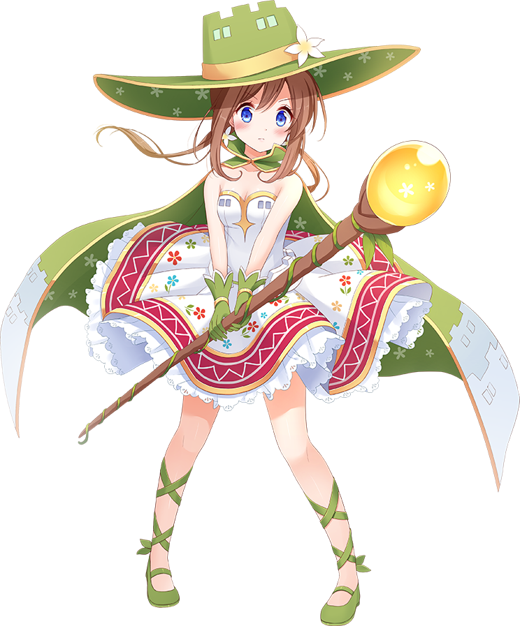 &gt;:( 1girl artist_request blue_eyes breasts brown_hair cape cleavage dress flower full_body gloves green_cape green_footwear green_gloves green_hat hair_flower hair_ornament hat holding holding_wand long_hair looking_at_viewer low_twintails mary_janes official_art oshiro_project oshiro_project_re shoes sleeveless sleeveless_dress smile solo spis_(oshiro_project) transparent_background twintails wand white_dress