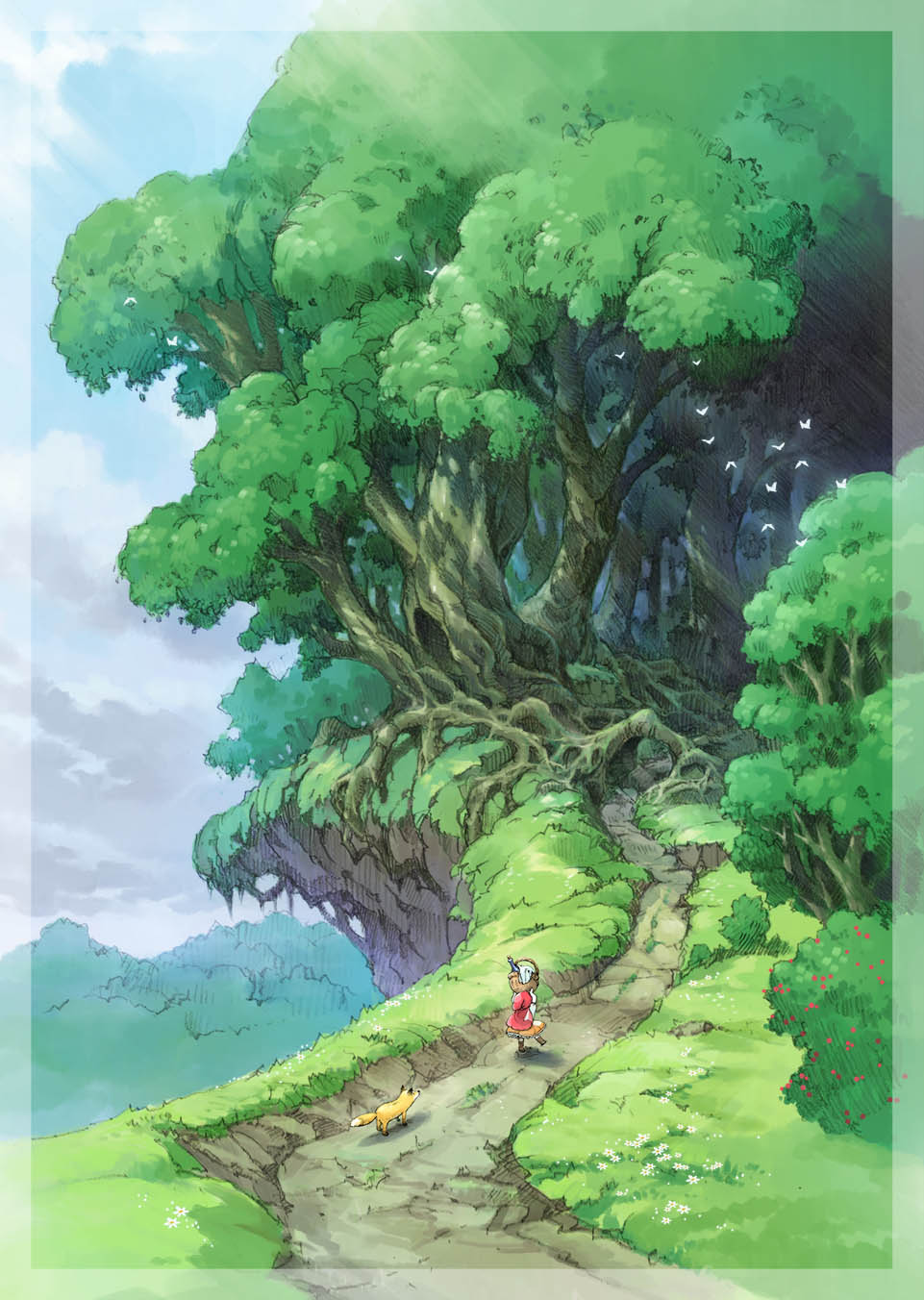 1girl bird blue_sky bush clouds cloudy_sky commentary_request dress forest fox from_behind grass highres light_rays little_red_riding_hood little_red_riding_hood_(grimm) nature nezuminezumi outdoors path red_dress road scenery short_hair sky tree