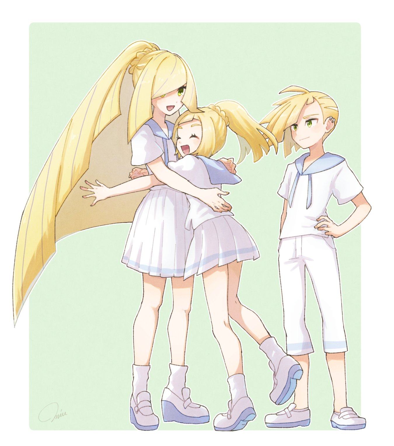 1boy 2girls blonde_hair brother_and_sister capri_pants closed_eyes cosplay gladio_(pokemon) green_eyes hair_over_one_eye hand_on_hip highres hug lillie_(pokemon) lillie_(pokemon)_(cosplay) long_hair lusamine_(pokemon) miu_(miuuu_721) mother_and_daughter mother_and_son multiple_girls open_mouth pants pokemon pokemon_(game) pokemon_sm shirt short_hair short_sleeves siblings skirt socks white_footwear white_legwear white_pants white_shirt white_skirt
