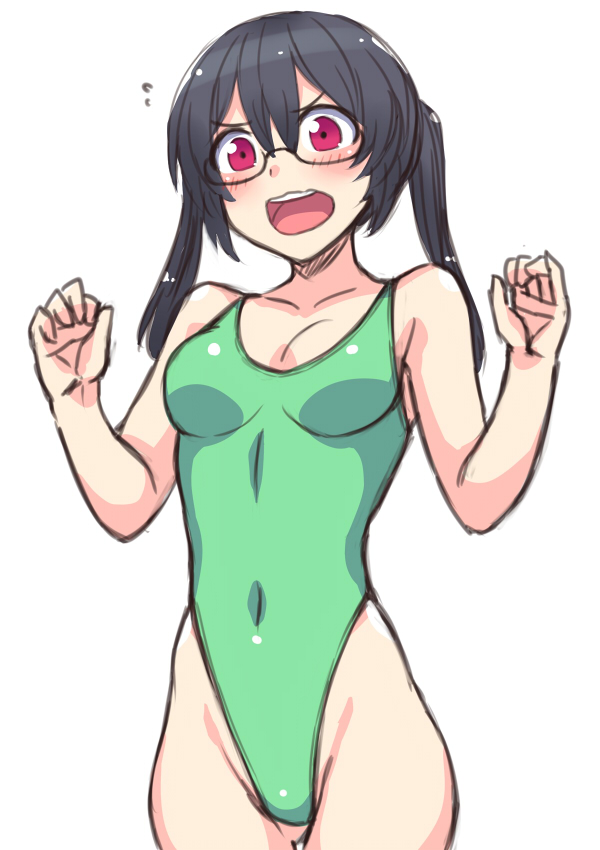 1girl black_hair breasts cowboy_shot green_swimsuit hai_(h81908190) highleg highleg_swimsuit long_hair looking_at_viewer open_mouth original red_eyes simple_background small_breasts solo standing swimsuit twintails upper_teeth white_background
