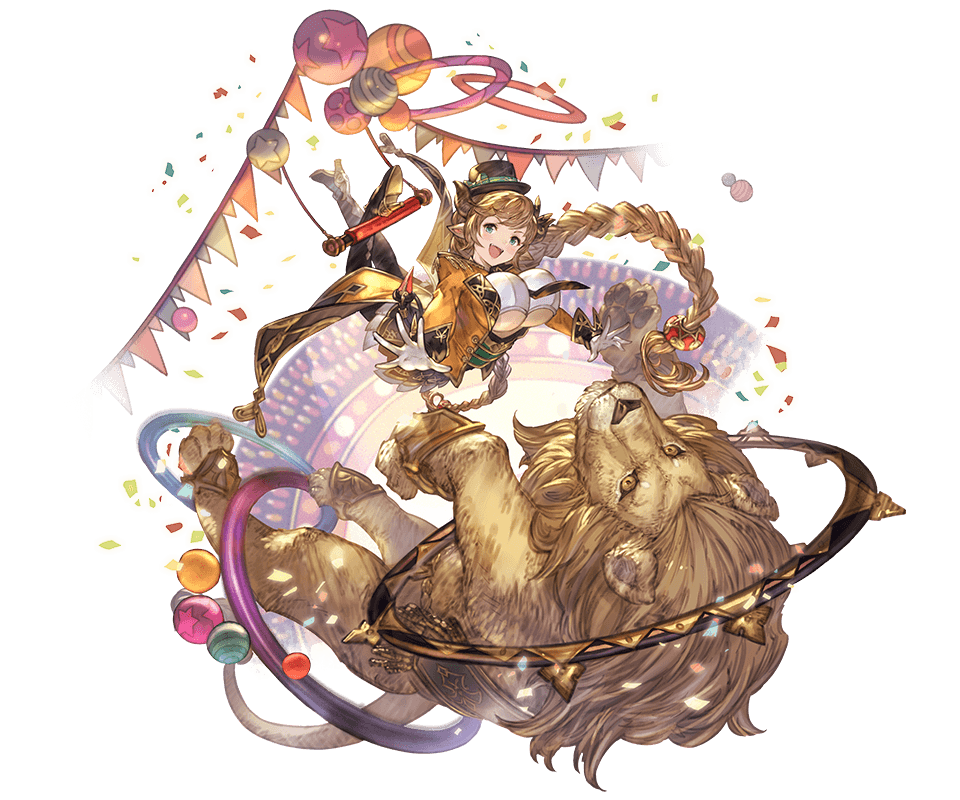 1girl animal ball bangs blonde_hair boots braid breasts carmelina_(granblue_fantasy) claws confetti detached_sleeves draph epaulettes full_body gloves granblue_fantasy green_eyes hair_ornament hat high_heel_boots high_heels horns large_breasts lion long_hair long_sleeves looking_at_viewer minaba_hideo open_mouth pointy_ears sidelocks smile tail trapeze under_boob very_long_hair