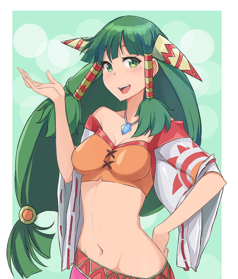 1girl :d aori_sora bare_shoulders breasts feena_(grandia) grandia grandia_i green_background green_eyes green_hair hair_ornament hair_tubes hand_on_hip jewelry long_hair low-tied_long_hair midriff navel open_mouth pendant smile solo wide_sleeves