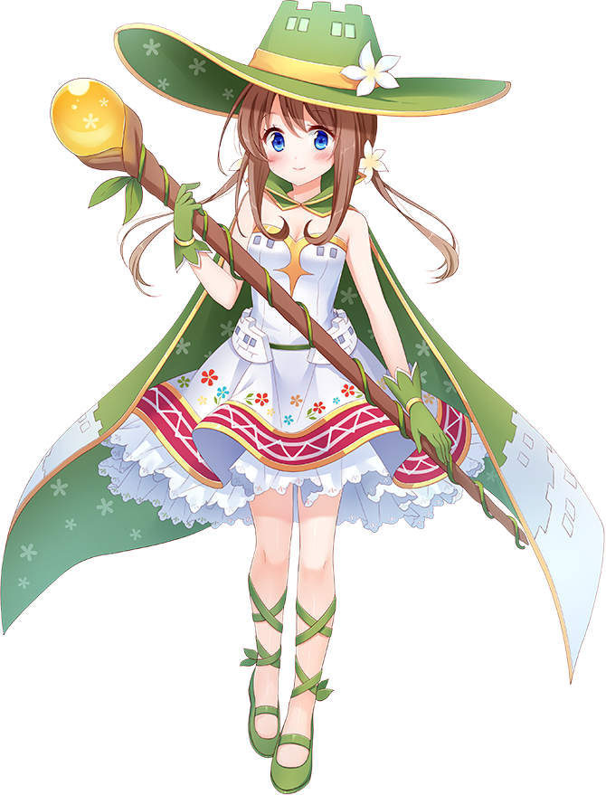 1girl artist_request blue_eyes brown_hair cape dress flower full_body gloves green_cape green_footwear green_gloves green_hat hair_flower hair_ornament hat holding holding_wand long_hair looking_at_viewer low_twintails mary_janes official_art oshiro_project oshiro_project_re shoes sleeveless sleeveless_dress smile solo spis_(oshiro_project) transparent_background twintails wand white_dress
