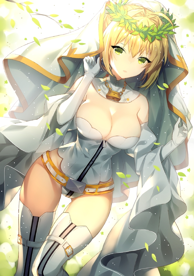 1girl :o ahoge bangs bare_shoulders belt blonde_hair blush breasts bridal_veil buckle chains cleavage detached_sleeves dutch_angle elbow_gloves fate/extra fate_(series) gloves green_eyes hair_intakes hands_up head_wreath large_breasts leaf leotard light lock long_sleeves looking_at_viewer nero_claudius_(bride)_(fate) nero_claudius_(fate)_(all) padlock parted_lips shiny shiny_hair short_hair solo strapless strapless_leotard thigh-highs thigh_strap touwa_nikuman veil w_arms white_gloves white_legwear white_leotard wide_hips wide_sleeves zipper