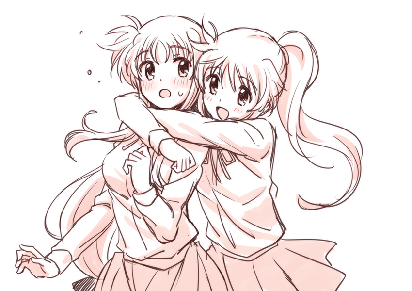 2girls blush cowboy_shot fate_testarossa hug hug_from_behind kannari limited_palette long_hair lyrical_nanoha mahou_shoujo_lyrical_nanoha_strikers monochrome multiple_girls side_ponytail skirt surprised sweatdrop takamachi_nanoha white_background