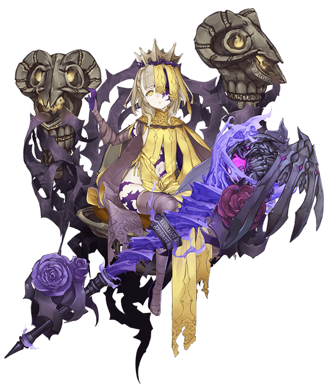 1girl blonde_hair braid briar_rose_(sinoalice) crown dark_persona empty_eyes expressionless flower full_body half-nightmare jino messy_hair multicolored multicolored_skin official_art one_eye_covered pale_skin purple_skin sinoalice sitting solo thorns transparent_background yellow_eyes