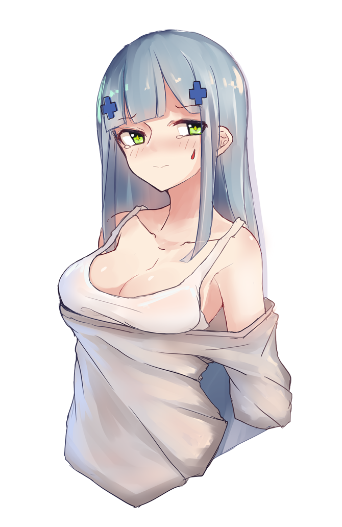 1girl bangs bare_shoulders blunt_bangs blush breasts cleavage collarbone cropped_torso cross_hair_ornament eyebrows_visible_through_hair facial_mark frown girls_frontline green_eyes grey_shirt hair_ornament hk416_(girls_frontline) inniyik looking_at_viewer medium_breasts nose_blush off_shoulder shiny shiny_hair shirt silver_hair simple_background solo straight_hair tank_top teardrop tears upper_body white_background white_tank_top