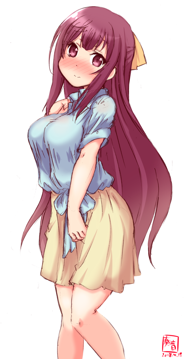 1girl alternate_costume artist_logo blouse blue_blouse blush bow brown_skirt casual commentary_request cowboy_shot dated hair_bow highres kamikaze_(kantai_collection) kanon_(kurogane_knights) kantai_collection long_hair looking_at_viewer nose_blush purple_hair revision short_sleeves simple_background skirt solo violet_eyes white_background yellow_bow