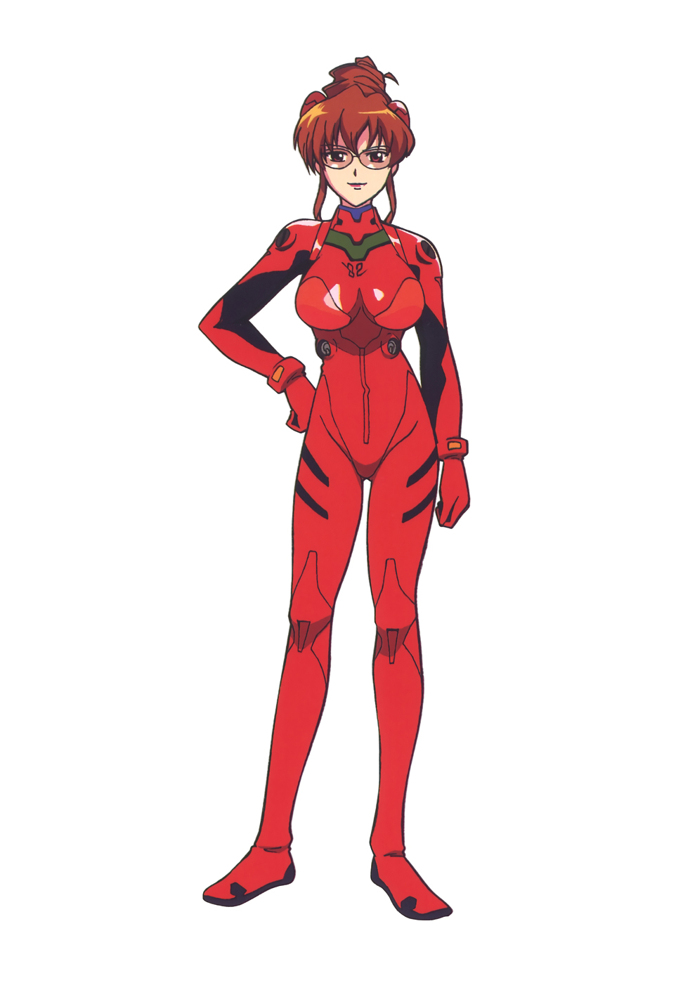 1girl bodysuit brown_eyes brown_hair cosplay full_body hairpods hand_on_hip highres light_smile lipstick looking_at_viewer mahoromatic makeup neon_genesis_evangelion number official_art plugsuit red_bodysuit red_lipstick rimless_eyewear shikijou_saori sidelocks simple_background solo souryuu_asuka_langley standing updo white_background