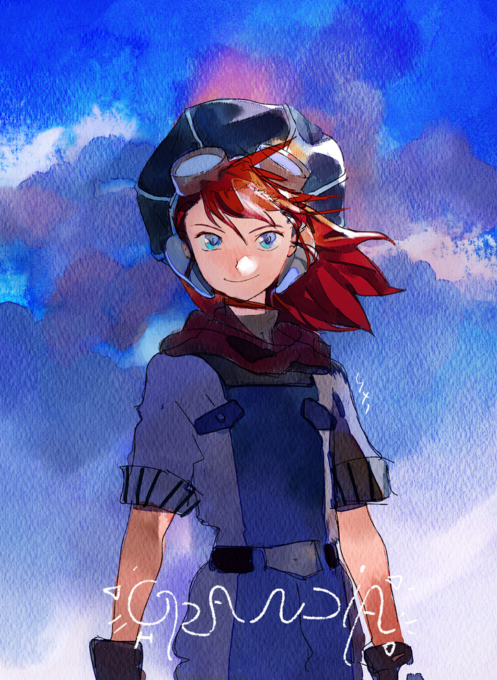 1boy blue_background blue_eyes closed_mouth facing_viewer floating_hair goggles goggles_on_head grandia grandia_i hat justin_(grandia) looking_at_viewer male_focus redhead short_sleeves smile solo traditional_media ukumo_uichi watercolor_(medium) wind