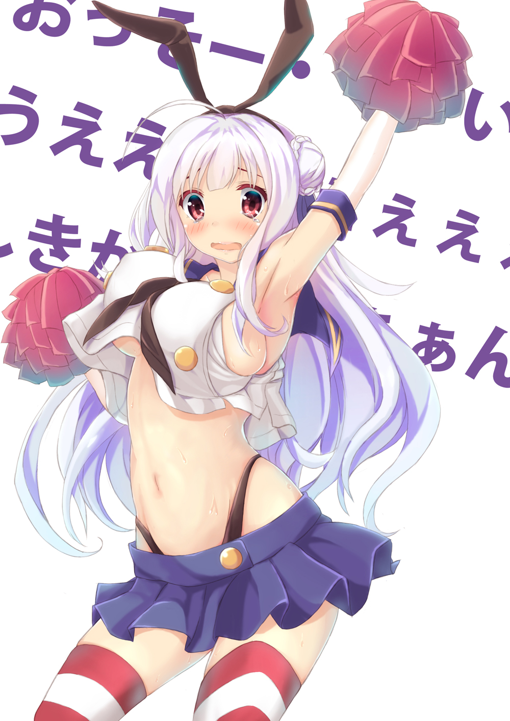 1girl ahoge arm_up armpits azur_lane black_hairband blue_skirt blush breasts cheerleader commentary_request cosplay cygnet_(azur_lane) hair_bun hairband highres kantai_collection kei_(pixiv2548624) large_breasts long_hair looking_at_viewer navel pom_poms red_eyes shimakaze_(kantai_collection) shimakaze_(kantai_collection)_(cosplay) sideboob simple_background skirt solo striped striped_legwear sweat tears thigh-highs translation_request white_background white_hair