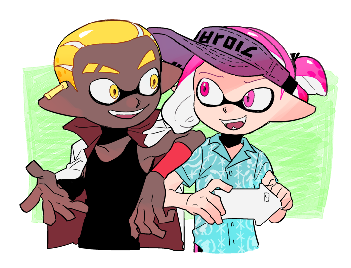 2boys aloha-kun_(splatoon) arm_on_shoulder arm_rest blonde_hair dark_skin dark_skinned_male ear_piercing hakinikui_kutsu_no_mise hawaiian_shirt looking_at_another male_focus multiple_boys piercing pink_eyes pink_hair pointy_ears ponytail shirt smile splatoon splatoon_(manga) splatoon_2 squidkid_jr. tentacle_hair upper_body yellow_eyes