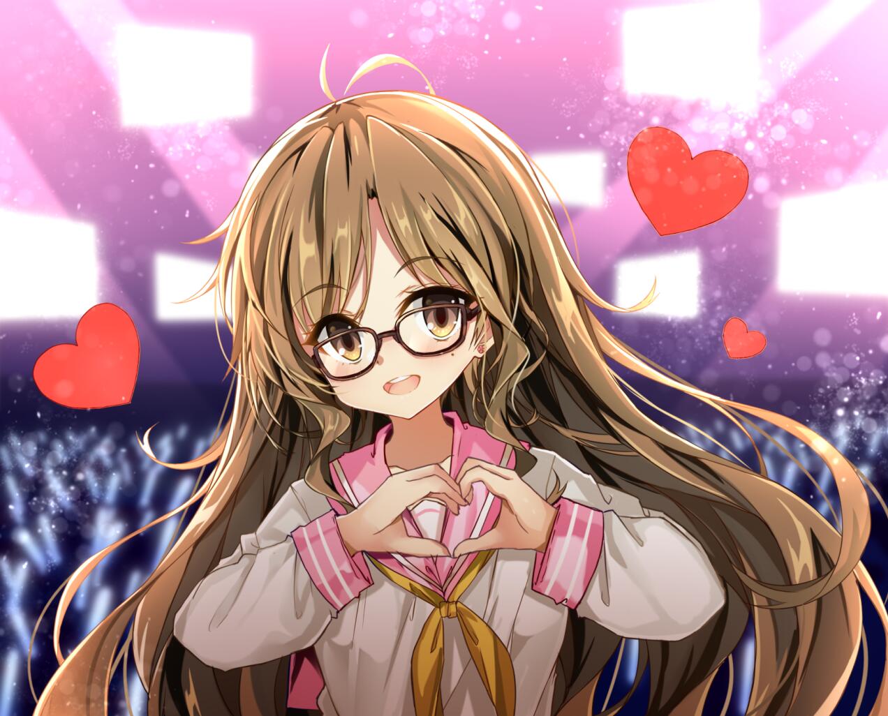 1girl :d antenna_hair bangs blurry blurry_background blush brown-framed_eyewear brown_eyes brown_hair collarbone depth_of_field eyebrows_visible_through_hair fingernails glasses glowstick head_tilt heart heart_hands jianren long_hair looking_at_viewer mole mole_under_eye neckerchief open_mouth original pink_sailor_collar sailor_collar school_uniform serafuku shirt smile solo upper_teeth very_long_hair white_shirt yellow_neckwear