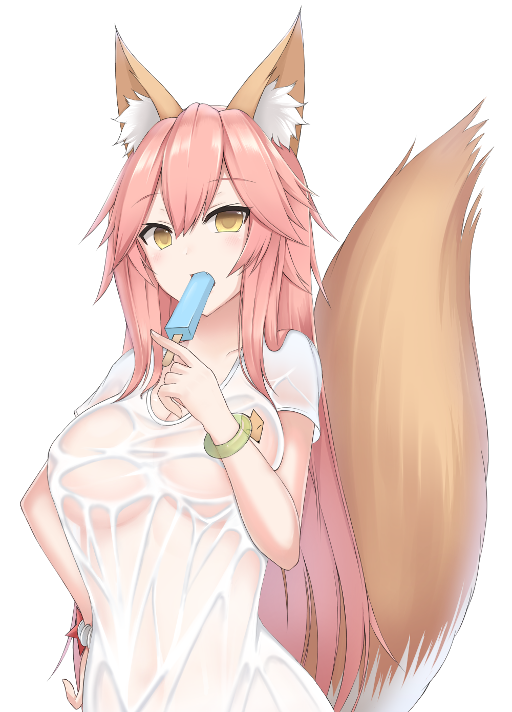 1girl animal_ears blush breasts collarbone fang fate/grand_order fate_(series) food food_in_mouth fox_ears fox_tail highres ice large_breasts long_hair pink_hair see-through see-through_silhouette shirt simple_background solo tail tamamo_(fate)_(all) tamamo_no_mae_(fate) tamamo_no_mae_(swimsuit_lancer)_(fate) very_long_hair wet wet_clothes wet_shirt wet_t-shirt white_background xiaobai_(cheng_pan) yellow_eyes