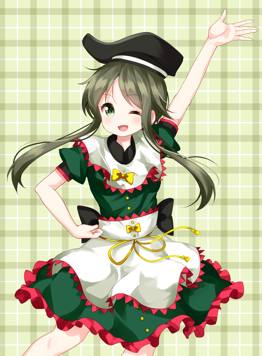1girl ;d arm_up dress eyebrows_visible_through_hair green_dress green_eyes green_hair hand_on_hip hat highres looking_at_viewer one_eye_closed open_mouth plaid plaid_background puffy_short_sleeves puffy_sleeves ruu_(tksymkw) short_hair_with_long_locks short_sleeves smile solo teireida_mai touhou