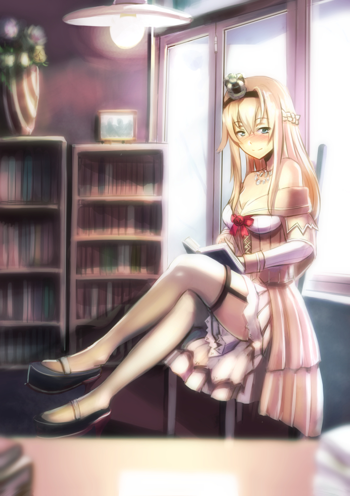 1girl bangs bare_shoulders black_footwear blonde_hair blue_eyes blurry_foreground blush book braid breasts closed_mouth corset crown desk dress flower french_braid garter_straps h_(hhhhhh4649) hair_between_eyes hairband high_heels indoors jewelry kantai_collection legs_crossed long_hair long_sleeves looking_at_viewer mary_janes mini_crown necklace off-shoulder_dress off_shoulder on_chair reading red_flower red_ribbon red_rose ribbon rose shoes sidelocks sitting smile solo thigh-highs thighs warspite_(kantai_collection) white_dress white_legwear