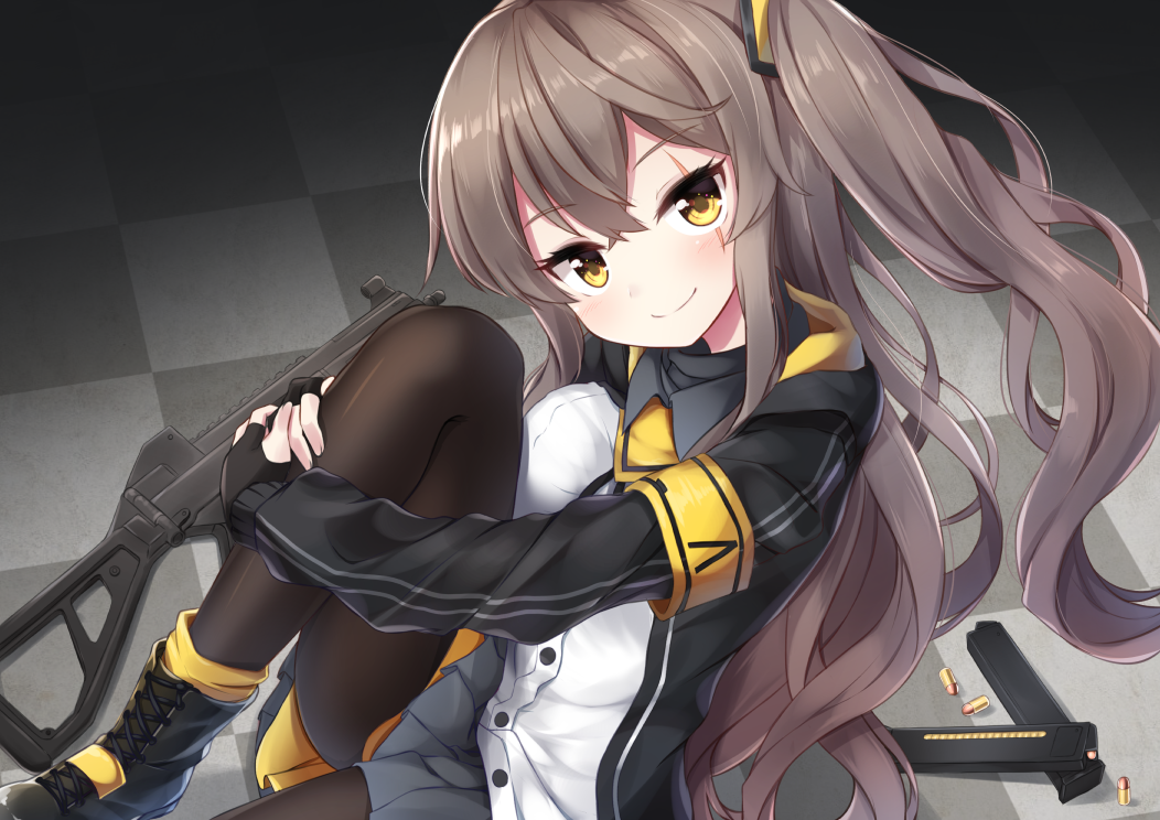 1girl ankle_boots armband bangs black_gloves black_legwear blush boots brown_hair bullet checkered checkered_floor closed_mouth eyebrows_visible_through_hair fingerless_gloves girls_frontline gloves grey_skirt gun h&amp;k_ump h&amp;k_ump45 hair_between_eyes hair_ornament head_tilt heckler_&amp;_koch hood hood_down hooded_jacket jacket knee_up leg_hug long_hair long_sleeves looking_at_viewer magazine mk82_(hoonsyh) one_side_up pantyhose pleated_skirt scar scar_across_eye shirt sidelocks sitting skirt smile solo submachine_gun ump45_(girls_frontline) weapon white_shirt yellow_eyes