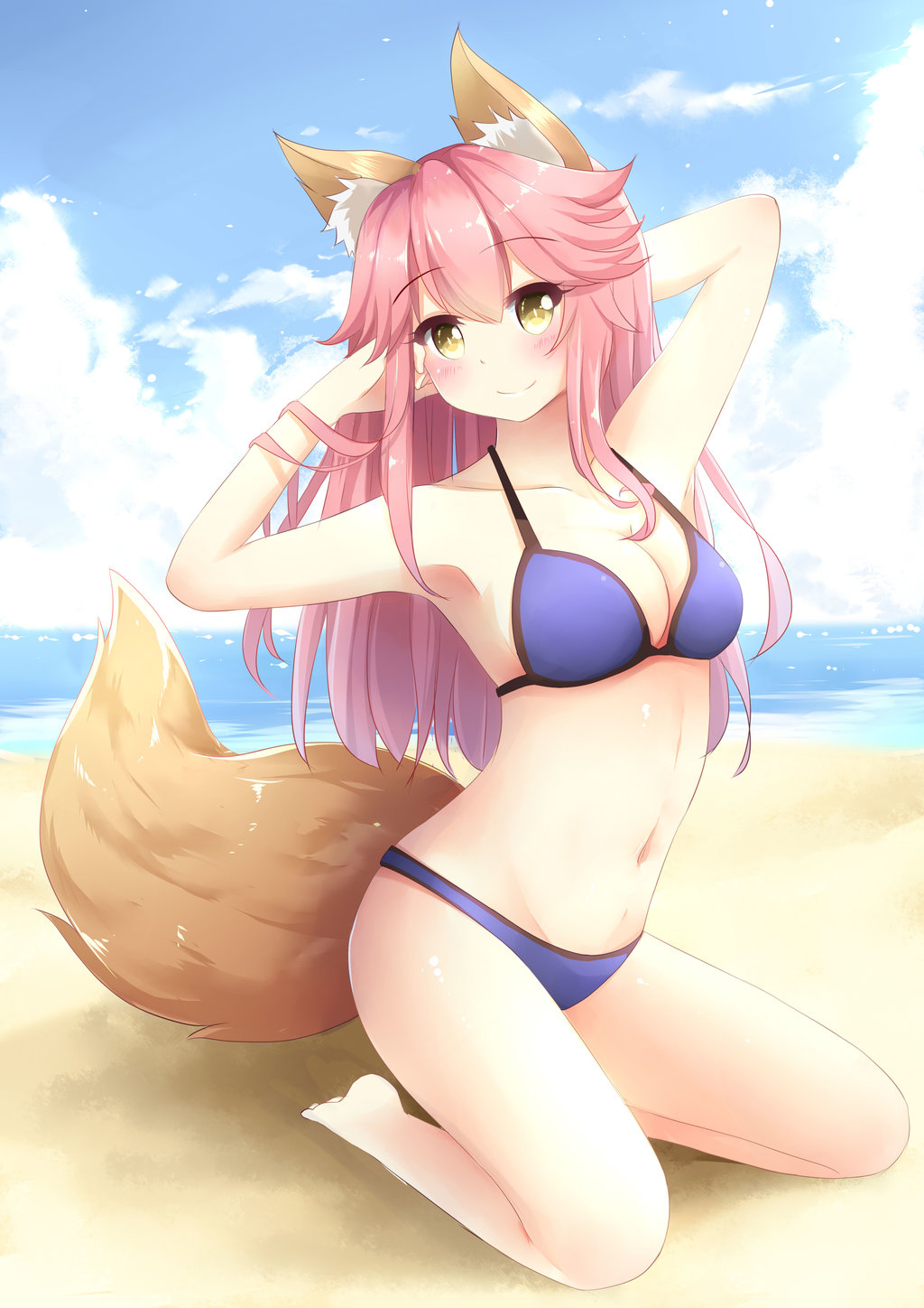 1girl agung_syaeful_anwar animal_ears arms_up bangs bare_arms bare_shoulders beach bikini blue_bikini blue_sky blush breasts cleavage closed_mouth clouds collarbone commentary day eyebrows_visible_through_hair fate/grand_order fate_(series) fox_ears fox_girl fox_tail full_body hair_between_eyes hands_in_hair head_tilt highres horizon kneeling long_hair looking_at_viewer medium_breasts navel ocean outdoors pink_hair sand sky smile solo swimsuit tail tamamo_(fate)_(all) tamamo_no_mae_(swimsuit_lancer)_(fate) very_long_hair water yellow_eyes
