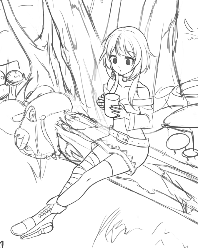 1girl avant_garde_(artist) bag bandage bandaged_leg bangs belt boots breasts collarbone commentary cross-laced_footwear crossed_ankles cup dress eyebrows_visible_through_hair forest holding kono_subarashii_sekai_ni_shukufuku_wo! lace-up_boots log megumin mismatched_legwear monochrome mug mushroom nature open_mouth short_hair_with_long_locks sitting sketch small_breasts solo tree