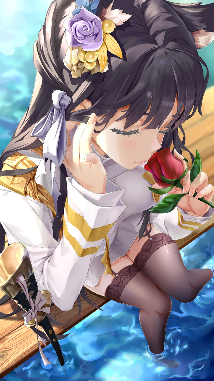 1girl animal_ears atago_(azur_lane) azur_lane bangs black_hair black_legwear blush breasts closed_eyes closed_mouth collared_shirt dock eyebrows_visible_through_hair flower from_above garter_straps hair_flower hair_ornament hair_ribbon hand_to_own_face highres in_water jacket katana large_breasts long_hair long_sleeves military military_jacket military_uniform miniskirt mole mole_under_eye no_shoes pinky_out red_flower red_rose ribbon ripples rose sheath sheathed shirt sidelocks sinner_(1205344578) sitting skirt smelling_flower smile solo swept_bangs sword thigh-highs thighs uniform water weapon white_jacket white_ribbon white_shirt