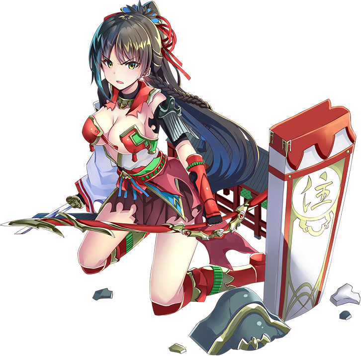 1girl artist_request bare_shoulders black_hair bow_(weapon) braid breasts cleavage full_body green_eyes hair_braid hair_ribbon holding holding_bow_(weapon) holding_weapon kamakura_(oshiro_project) kneeling large_breasts long_hair oshiro_project oshiro_project_re ponytail red_ribbon red_skirt ribbon single_braid skirt solo torn_clothes transparent_background very_long_hair weapon
