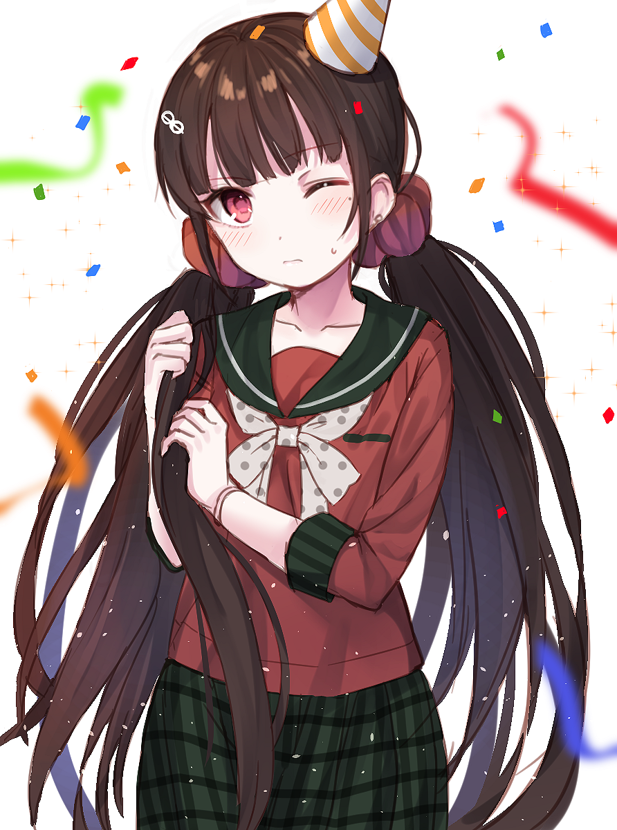 1girl bangs blush bow brown_hair closed_mouth confetti dangan_ronpa diagonal_stripes eyebrows_visible_through_hair green_sailor_collar green_skirt hair_ornament harukawa_maki hat highres long_hair long_sleeves looking_at_viewer low_twintails mole mole_under_eye new_dangan_ronpa_v3 one_eye_closed party_hat pleated_skirt polka_dot polka_dot_bow red_eyes red_shirt sailor_collar school_uniform serafuku shirt sidelocks skirt solo sparkle streamers striped striped_hat sweat twintails very_long_hair white_background white_bow yuraiko