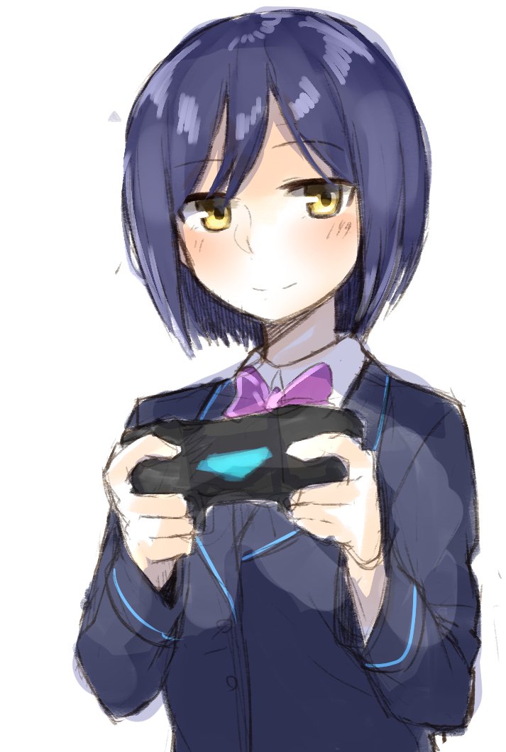 1girl bangs blazer blue_blazer blue_hair blush bow bowtie closed_mouth collared_shirt controller daifukumochi_(akaaokiiwo) eyebrows_visible_through_hair game_controller holding jacket long_sleeves nijisanji purple_neckwear school_uniform shirt shizuka_rin short_hair simple_background sketch smile solo upper_body virtual_youtuber white_background white_shirt yellow_eyes