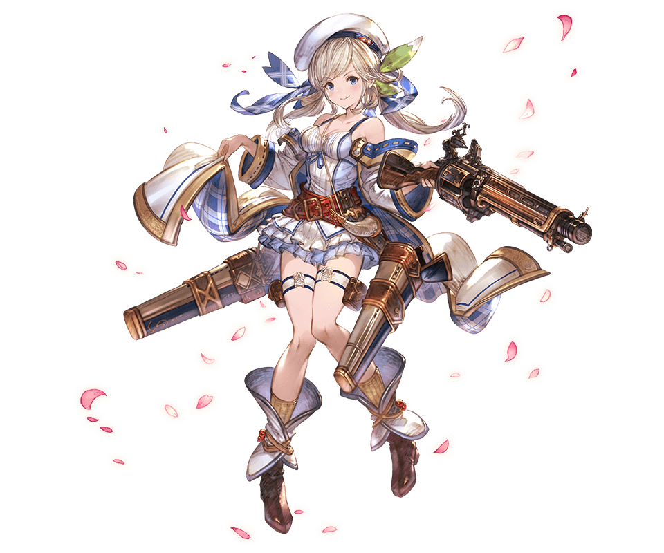 1girl bangs belt beret blonde_hair blue_eyes boots bow breasts closed_mouth cucouroux_(granblue_fantasy) detached_sleeves dress full_body granblue_fantasy gun hair_bow hat holding holding_weapon holster long_hair long_sleeves looking_at_viewer medium_breasts minaba_hideo overskirt petals rifle short_dress skirt sleeveless smile solo standing transparent_background twintails weapon