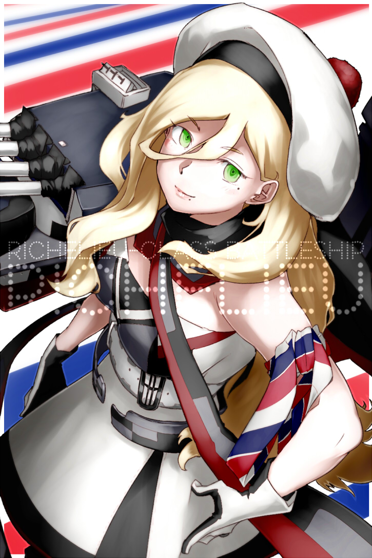 1girl aa_gun beret blonde_hair breasts cannon dress gloves green_eyes hair_between_eyes hat kantai_collection lips long_hair looking_at_viewer mast medium_breasts mole mole_under_eye mole_under_mouth multicolored multicolored_clothes multicolored_gloves multicolored_scarf oso_(toolate) richelieu_(kantai_collection) scarf smile solo strapless strapless_dress turret