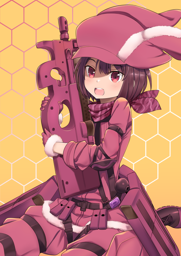 1girl :d animal_ears animal_hat bandanna boots brown_eyes brown_footwear bullpup bunny_hat commentary fur-trimmed_gloves fur_trim gloves gun hat honeycomb_(pattern) honeycomb_background jacket llenn_(sao) lo_xueming long_sleeves looking_at_viewer object_hug open_mouth p-chan_(p-90) p90 pants pink_bandana pink_gloves pink_hat pink_jacket pink_pants rabbit_ears red_eyes sitting smile solo submachine_gun sword_art_online sword_art_online_alternative:_gun_gale_online upper_teeth weapon