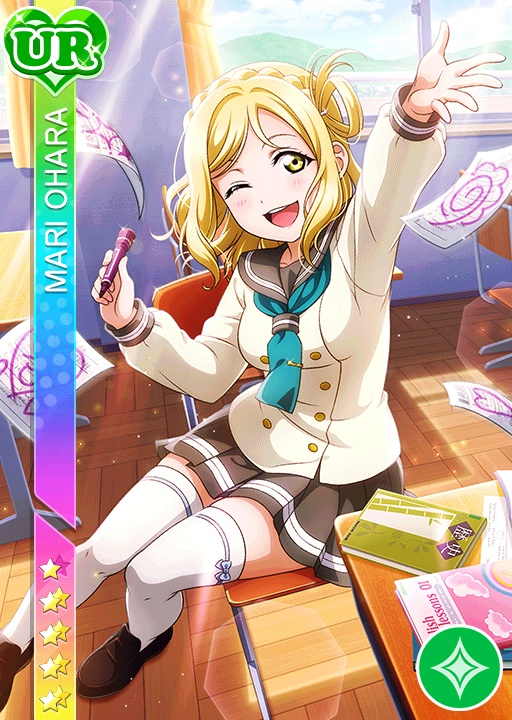 blonde_hair blush character_name love_live!_school_idol_festival love_live!_sunshine!! ohara_mari school_uniform short_hair smile wink yellow_eyes