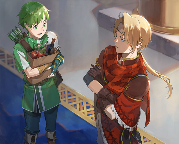 2boys apple arrow bag blonde_hair boots bottle crossed_arms fingerless_gloves fire_emblem fire_emblem:_mystery_of_the_emblem fire_emblem_heroes food fruit gloves gordon_(fire_emblem) green_eyes green_hair headband jeorge_(fire_emblem) kyufe long_hair low_ponytail male_focus multiple_boys open_mouth orange_eyes paper_bag quiver scarf teeth wine_bottle