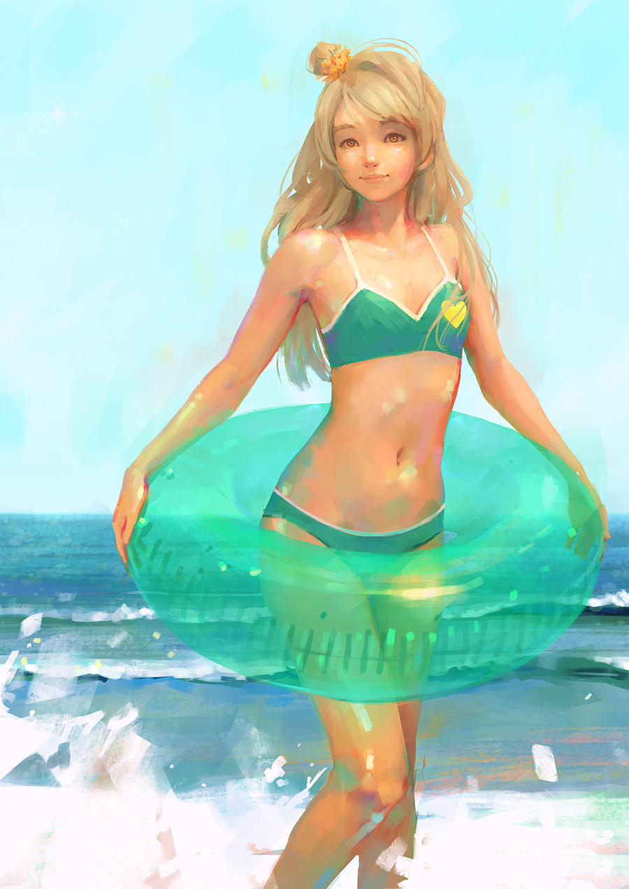 1girl bangs bent_knee bikini blue_sky brown_eyes character_request closed_mouth copyright_request day feet_out_of_frame flat_chest green_bikini green_innertube heart highres holding innertube lia_marin light_brown_hair light_smile long_hair looking_at_viewer navel ocean sky solo standing sunlight swimsuit thigh-highs wading water