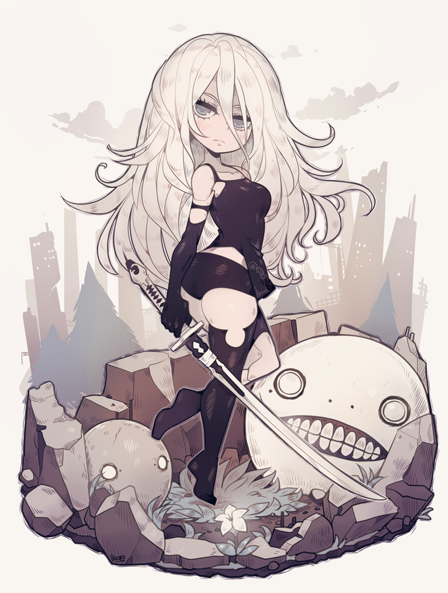 ass boots breasts elbow_gloves flower gloves grey_eyes katana long_hair looking_at_viewer medium_breasts nier_(series) nier_automata parororo rubble sword thigh-highs thigh_boots thighs weapon white_hair yorha_type_a_no._2