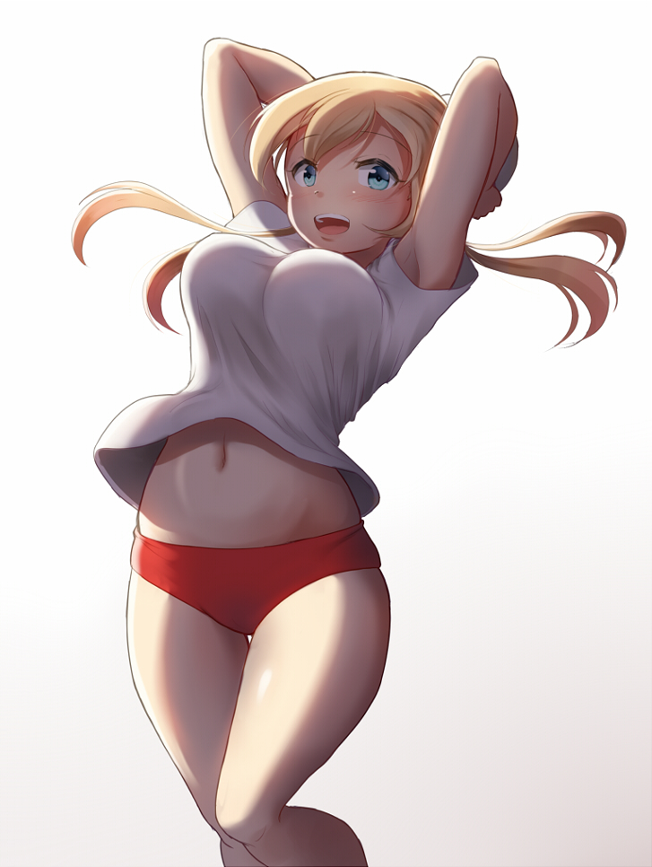 1girl :d alternate_costume armpit_peek arms_up bare_legs blonde_hair blue_eyes blush bouncing_breasts breasts buruma feet_out_of_frame gradient gradient_background gym_shirt gym_uniform kantai_collection large_breasts light long_hair low_twintails maku_ro navel no_hat no_headwear open_mouth prinz_eugen_(kantai_collection) red_buruma shirt short_sleeves smile solo thigh_gap twintails upper_teeth white_background white_shirt
