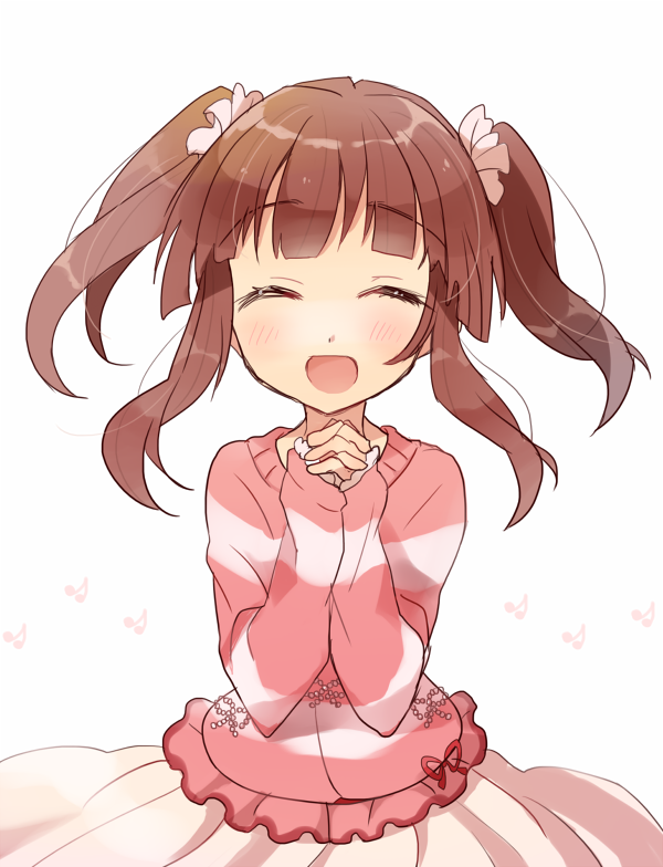 1girl :d ^_^ bangs blush brown_hair closed_eyes eyebrows_visible_through_hair facing_viewer frilled_shirt frills hands_clasped idolmaster idolmaster_cinderella_girls long_sleeves miyuara musical_note ogata_chieri open_mouth own_hands_together pink_shirt pink_skirt shirt sidelocks simple_background skirt sleeves_past_wrists smile solo striped striped_shirt twintails white_background