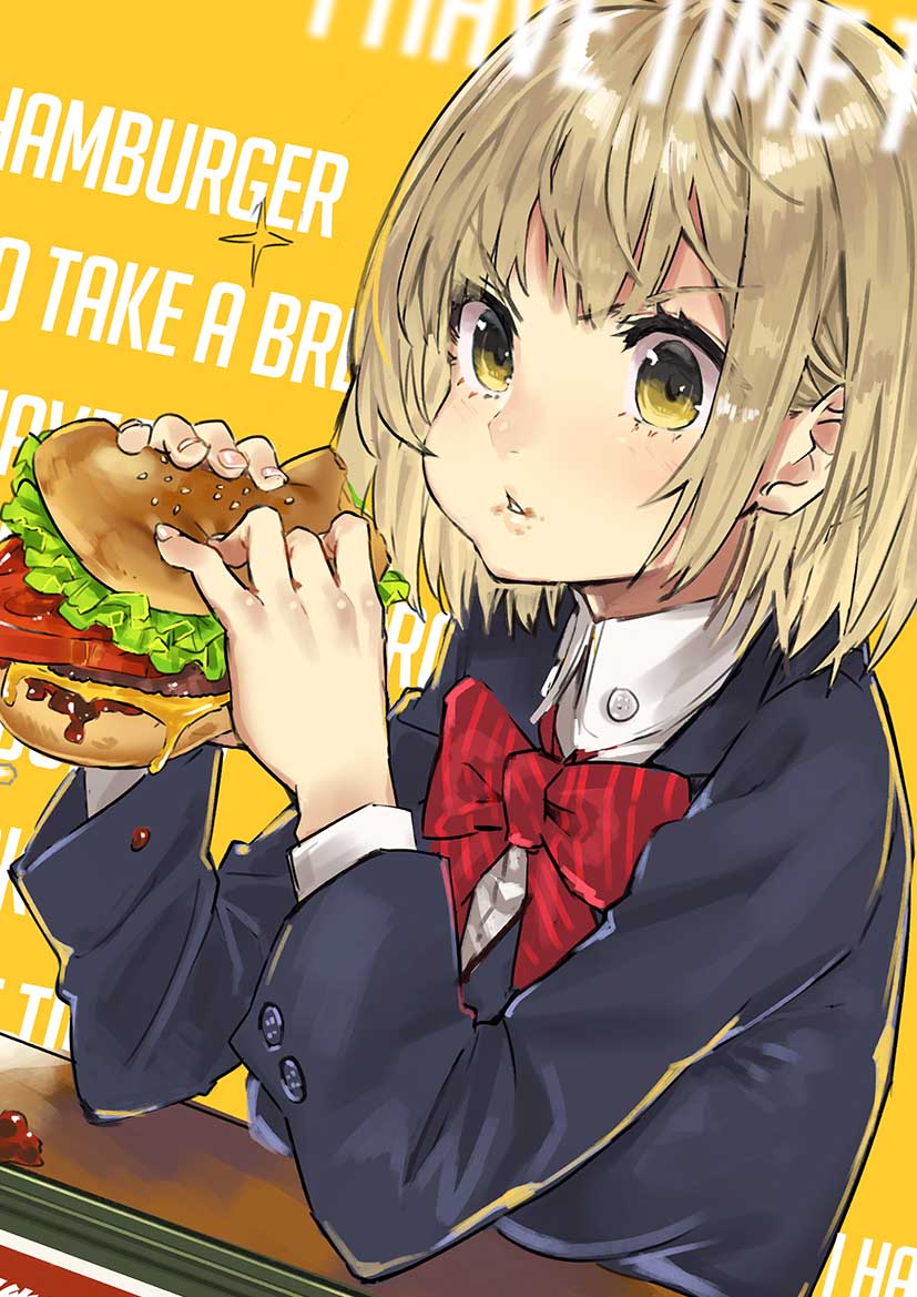 1girl background_text beef black_jacket blazer blonde_hair blush bow bowtie cheese collared_shirt dutch_angle eating english eyebrows_visible_through_hair food food_on_face hamburger holding holding_food jacket long_sleeves looking_at_viewer original red_bow red_neckwear salad school_uniform shiny shiny_hair shirt short_hair solo sparkle table teshima_nari tomato two-handed v-shaped_eyebrows