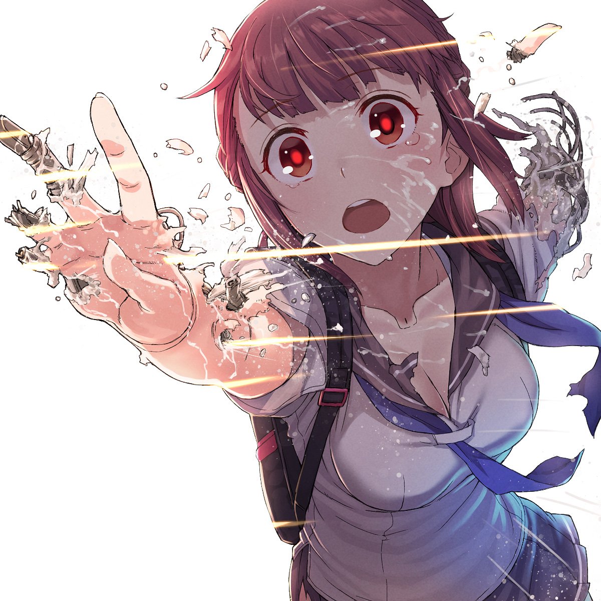 1girl amputee breasts brown_eyes brown_hair cleavage damaged eyebrows_visible_through_hair glowing glowing_eyes highres itou_(onsoku_tassha) medium_breasts missing_finger open_mouth original parts_exposed school_uniform serafuku solo white_background