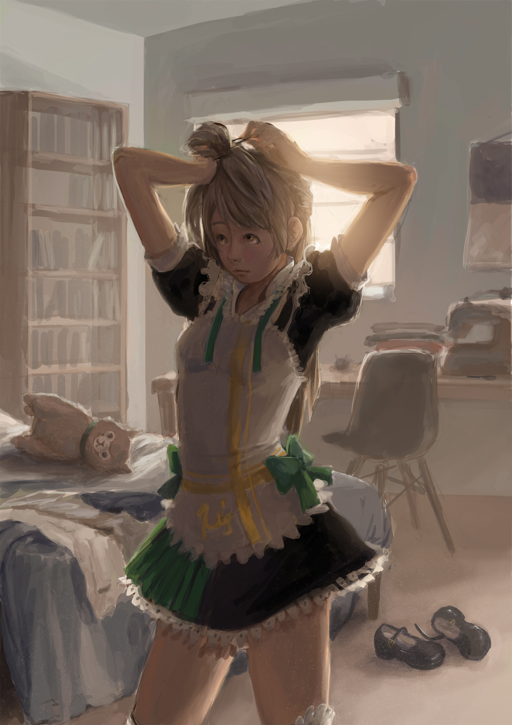 1girl adjusting_hair arms_up bangs bed bed_sheet bedroom black_dress black_footwear blue_bed_sheet bookshelf bow breasts chair closed_mouth desk dress green_bow hand_in_hair highres indoors lia_marin light_brown_hair long_hair love_live! love_live!_school_idol_project maid mary_janes medium_breasts minami_kotori puffy_short_sleeves puffy_sleeves shoes shoes_removed short_hair short_sleeves solo standing stuffed_alpaca stuffed_animal stuffed_toy sunlight tied_hair yellow_eyes