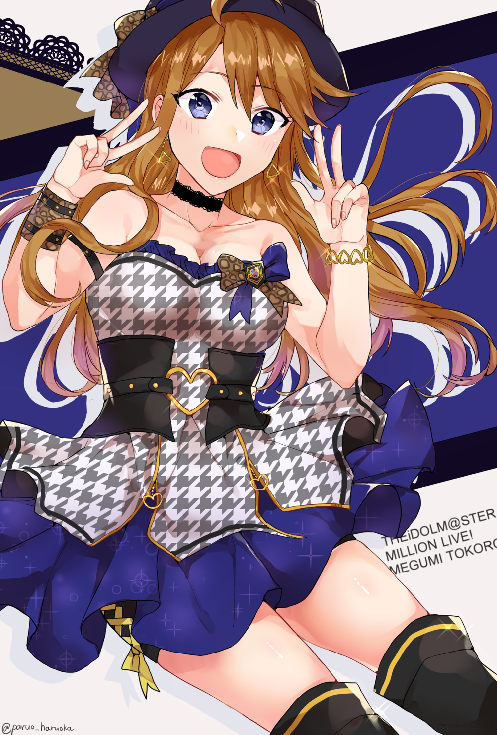 1girl bangle bangs bare_shoulders black_hat blue_eyes blush boots bracelet breasts brown_hair character_name choker commentary_request double_v dress eyebrows_visible_through_hair hat heart highres idolmaster idolmaster_million_live! idolmaster_million_live!_theater_days jewelry long_hair looking_at_viewer medium_breasts open_mouth paruo_hruoka smile solo thigh-highs thigh_boots tokoro_megumi v