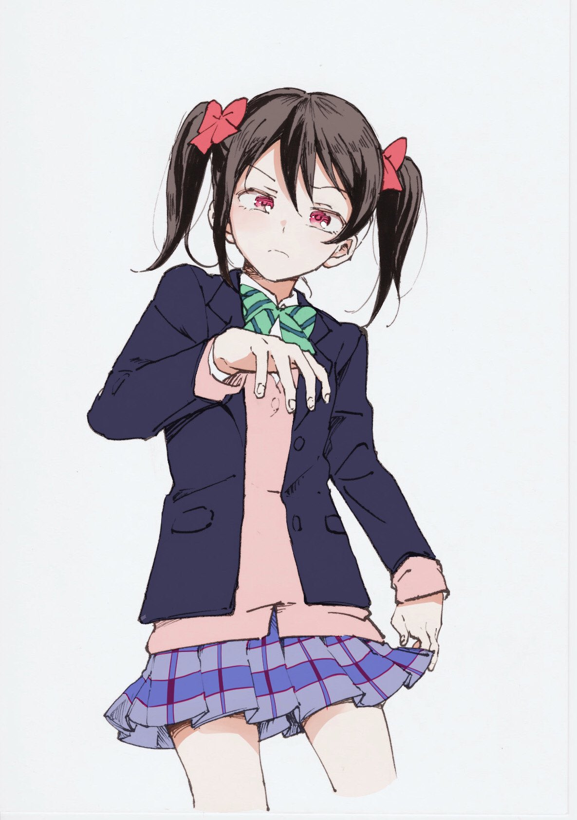 1girl arm_at_side arm_up bangs black_hair blazer blue_jacket blue_skirt bow cardigan closed_mouth commentary_request cowboy_shot disgust eyebrows_visible_through_hair frown green_neckwear grey_background hair_between_eyes hair_ribbon highres jacket long_sleeves looking_at_viewer love_live! love_live!_school_idol_project navy_blue_jacket otonokizaka_school_uniform pink_eyes pink_ribbon plaid plaid_skirt pleated_skirt ribbon school_uniform shirt short_twintails simple_background sketch_eyebrows skirt solo standing striped striped_bow striped_neckwear twintails v-shaped_eyebrows white_shirt yazawa3921 yazawa_nico