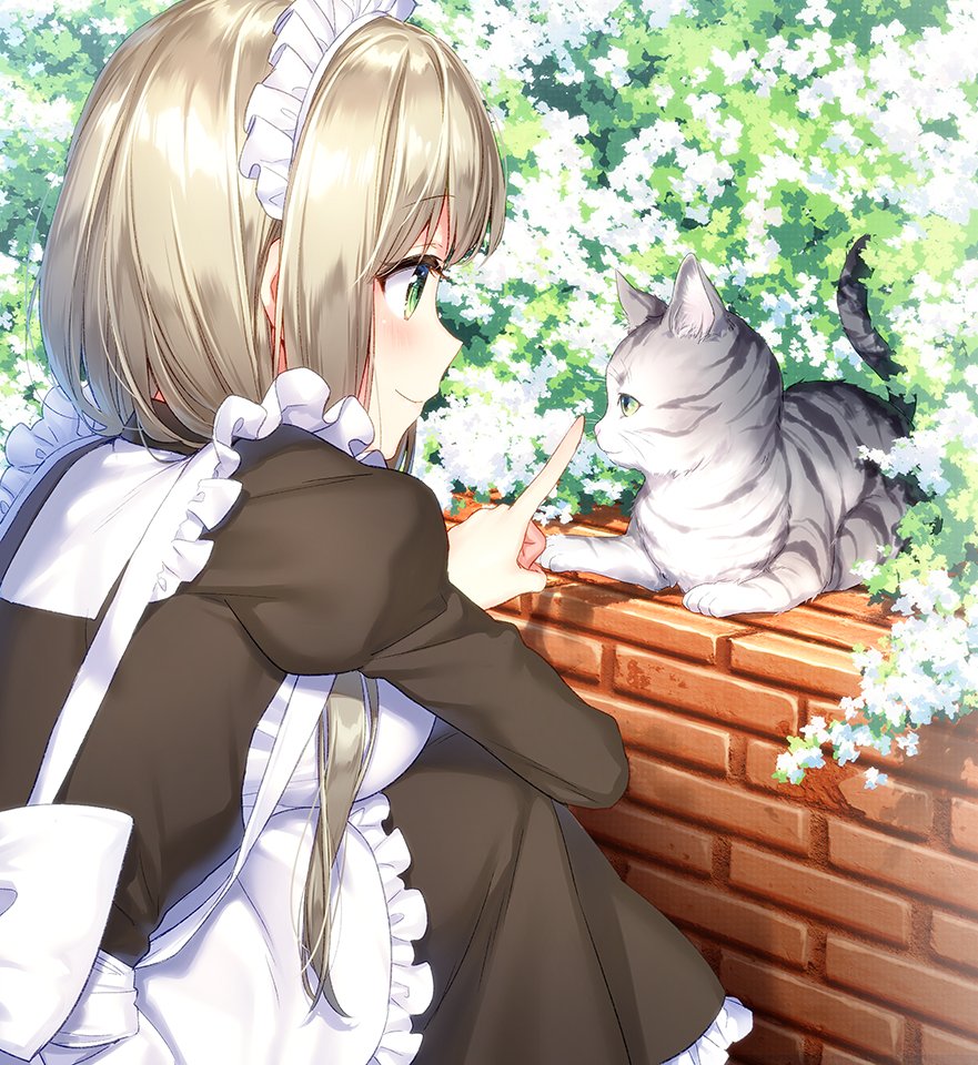 1girl animal apron blonde_hair blush breasts brick_wall brown_dress bush cat closed_mouth copyright_request day dress frilled_apron frilled_dress frills from_side green_eyes index_finger_raised juliet_sleeves long_sleeves maid maid_headdress masuishi_kinoto medium_breasts outdoors profile puffy_sleeves shiny shiny_hair short_hair smile solo squatting tareme whiskers white_apron