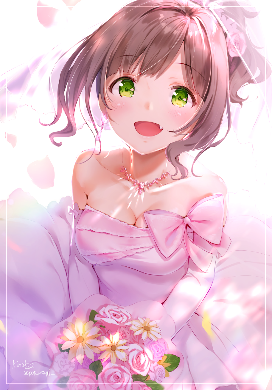 1girl :d backlighting bangs bare_shoulders blush bouquet bow breasts bridal_veil brown_hair cleavage collarbone commentary_request dress earrings elbow_gloves eyebrows_visible_through_hair fang flower gloves green_eyes hair_flower hair_ornament highres holding holding_bouquet idolmaster idolmaster_cinderella_girls jewelry long_hair looking_at_viewer maekawa_miku medium_breasts necklace open_mouth pendant petals pink_bow pink_dress pink_flower pink_gloves pink_rose ponytail rose shiratama_akane signature smile solo strapless strapless_dress twitter_username veil wedding_dress white_flower