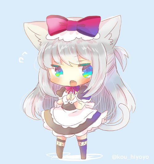 1girl animal_ears apron azur_lane bangs black_dress black_legwear blue_background blue_eyes blush bow cat_ears cat_girl cat_tail chibi commentary_request dress eyebrows_visible_through_hair fang flying_sweatdrops full_body hair_bow hammann_(azur_lane) kemonomimi_mode kouu_hiyoyo long_hair looking_at_viewer one_side_up open_mouth own_hands_together puffy_short_sleeves puffy_sleeves red_bow short_sleeves silver_hair solo standing tail thigh-highs twitter_username very_long_hair waist_apron white_apron wrist_cuffs